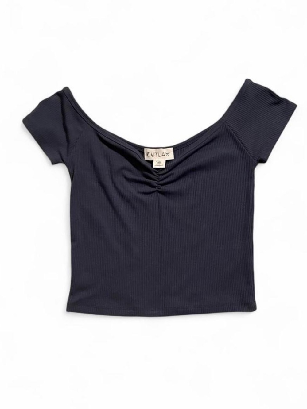 Outlaw Navy Ribbed Off-Shoulder Crop Top